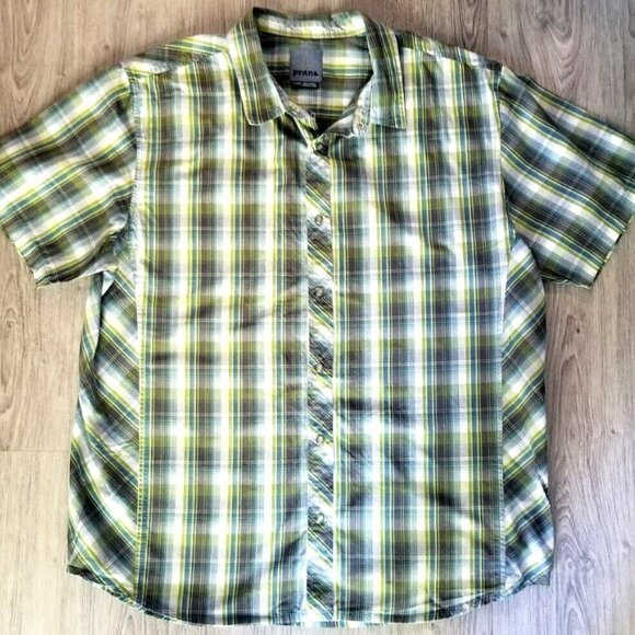 Prana Pearl Snap Shirt Men's XL Short Sleeve Shirt Green Plaid Organic Cotton - Picture 3 of 8